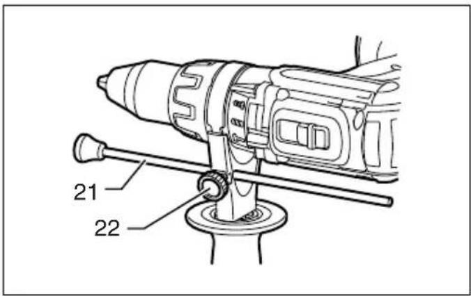 Technical diagram of a mechanical device with labeled parts 21 and 22, showing assembly or assembly details.