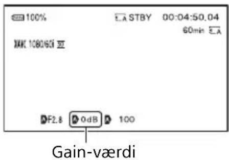 100% STBY 00:04:50.04 60min ΣA MAX 1080/65 Σ DF2.8 0dB 100 Gain-værdi