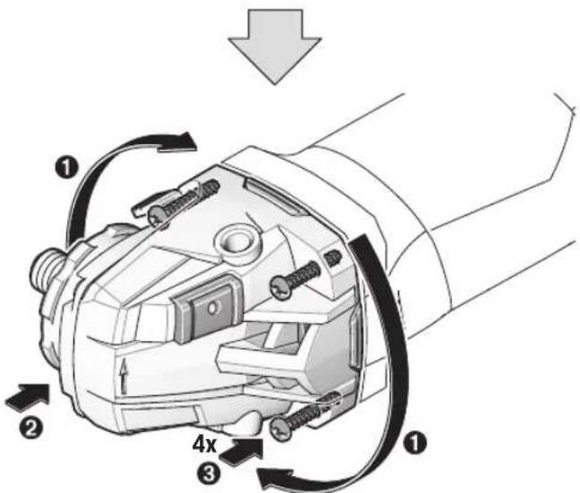 Technical diagram of a mechanical device with numbered components and directional arrows indicating motion or assembly.