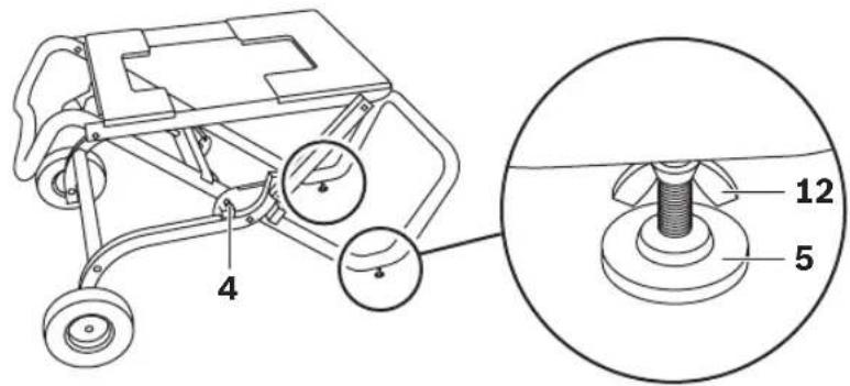 Technical diagram of a mechanical device with labeled parts and an inset showing a threaded component with numbered parts 5 and 12.