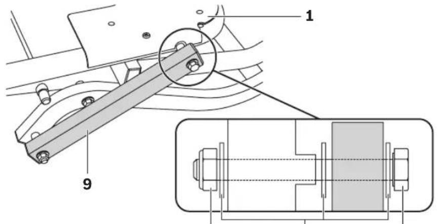 Technical diagram of a mechanical assembly with labeled parts 1 and 9, showing structural components and assembly details.