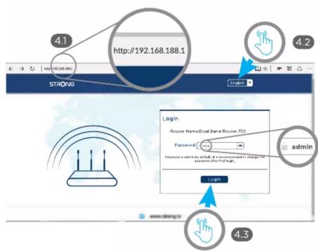 4.1 http://192.168.188.1 STROWS Login Router NameDual Band Router 750 Password: http://192.168.188.1 Password is added by which it is recommended to change the password after that high. admin Login 4.3 wrwdrgs