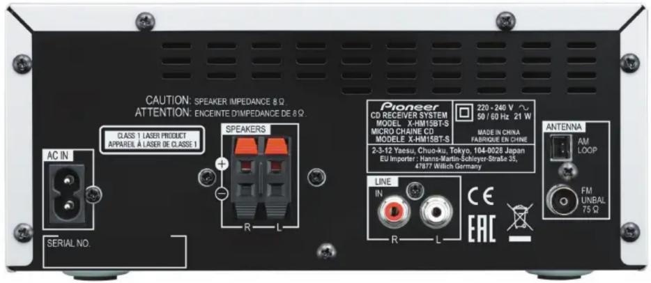 CAUTION: SPEAKER IMPEDANCE 8 Ω ATTENTION: ENCEINTE D'IMPEDANCE DE 8 Ω. CLASS 1 LASER PRODUCT APPAREL À LASER DE CLASSE 1 SPEAKERS AC IN R L SERIAL NO. Pioneer CD RECEIVER SYSTEM MODEL X-HM15BT-S MICRO CHAINE CD MODELE X-HM15BT-S 2-3-12 Yaesu, Chuo-ku, Tokyo, 104-0026 Japan EU Importer : Hanns-Martin-Schireyer-Straße 35, 47877 Willich Germany 220 - 240 V ~ 50 / 60 Hz 21 W MADE IN CHINA FABRIQUE EN CHINE LINE IN R L CE ERC ANTENNA AM LOOP FM UNBAL 75 Ω