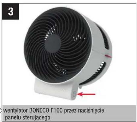 BONECO F100 fan with red arrow indicating naciśniecie sterującego (no text or symbols on fan body)