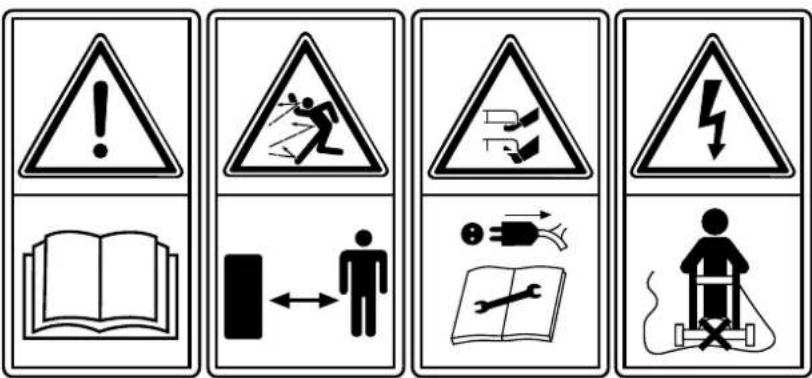 Four safety warning icons with Chinese labels: warning triangle, open book, person with left arrow, broken phone, and plug-in tool.