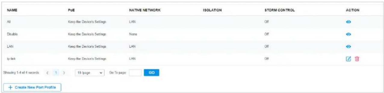 NAME PoE NATIVE NETWORK ISOLATION STORM CONTROL ACTION All Keep the Device's Settings LAN Off Disable Keep the Device's Settings None Off LAN Keep the Device's Settings LAN Off Ip-link Keep the Device's Settings LAN Off Showing 1-4 of 4 records ( 1 ) 10 page ✓ Go To page: GO + Create New Port Profile