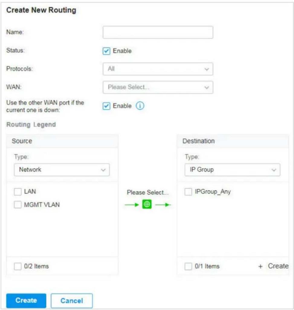 Create New Routing Name: Status: Enable Protocols: All WAN: Please Select... Use the other WAN port if the current one is down: Enable i Routing Legend Source Type: Network LAN MGMT VLAN 0/2 Items Destination Type: IP Group Please Select... IPGroup_Any 0/1 Items + Create Create Cancel