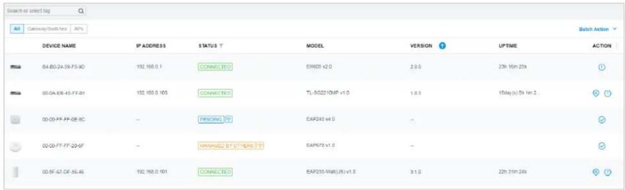 Search or select tag All Delivery/Switches APs Device NAME IP ADDRESS STATUS T MODEL VERSION UPTIME ACTION 04-B0.24-59-F5-80 192.168.0.1 CONNECTED EINOS v2.0 2.0.0 23h 16m 20s 00-GA-EB-45-F7-81 192.168.0.103 CONNECTED TL-5G2210MP v1.0 1.0.3 15day(s) 5h 1m 2. 00-00-PF-FF-05-8C - PENDING EAP245 v4.0 - 00-00-PF-FF-20-6F - MANAGED BY OTHERS T EAP670 v1.0 - 00-5F-67-DF-56.46 192.168.0.101 CONNECTED EAP235-Wall(US) v1.0 3.1.0 22h 31m 24s