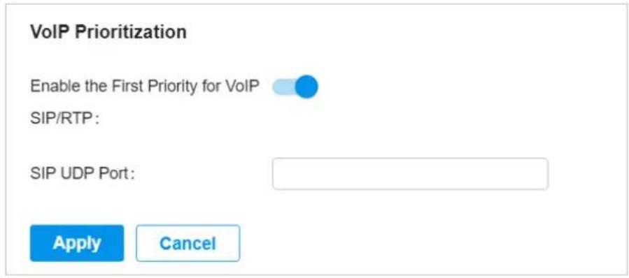 VoIP Prioritization Enable the First Priority for VoIP SIP/RTP: SIP UDP Port: Apply Cancel