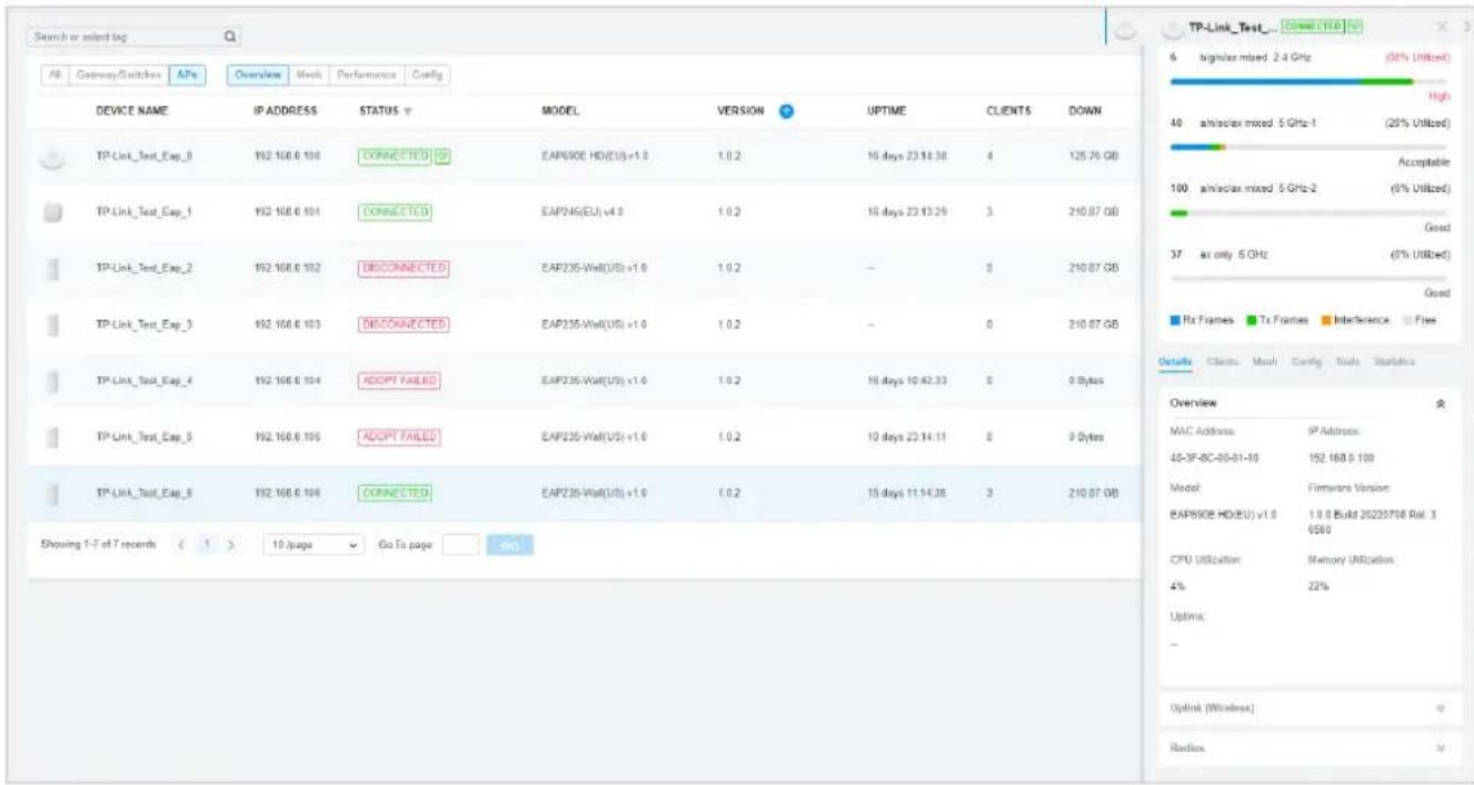 Search or selected log AB Getaway/Switches APs Overview Mesh Performance Config DEVICE NAME IP ADDRESS STATUS TP-Link_Test_Eap_5 192.168.6.104 CONNECTED SP EAP900E HD(EU) v1.0 1.0.2 16 days 23:14:38 4 125.76 GB TP-Link_Test_Eap_1 192.168.6.101 CONNECTED EAP245(EU) v4.0 1.0.2 16 days 23:13:29 3 210.87 GB TP-Link_Test_Eap_2 192.168.6.102 DISCONNECTED EAP235-Wal(US) v1.0 1.0.2 - 5 210.87 GB TP-Link_Test_Eap_3 192.168.6.103 DISCONNECTED EAP235-Wal(US) v1.0 1.0.2 - 5 210.87 GB TP-Link_Test_Eap_4 192.168.6.104 ADOPT FAILED EAP235-Wal(US) v1.0 1.0.2 16 days 10:42:33 5 9 Bytes TP-Link_Test_Eap_5 192.168.6.105 ADOPT FAILED EAP235-Wal(US) v1.0 1.0.2 10 days 23:14:11 5 9 Bytes TP-Link_Test_Eap_6 192.168.6.104 CONNECTED EAP235-Wal(US) v1.0 1.0.2 15 days 11:14:38 3 210.87 GB Showing 1-T of 7 records < 1 > 10/page Go to page