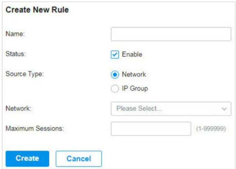 Create New Rule Name: Status: Enable Source Type: Network IP Group Network: Please Select... Maximum Sessions: (1-999999) Create Cancel