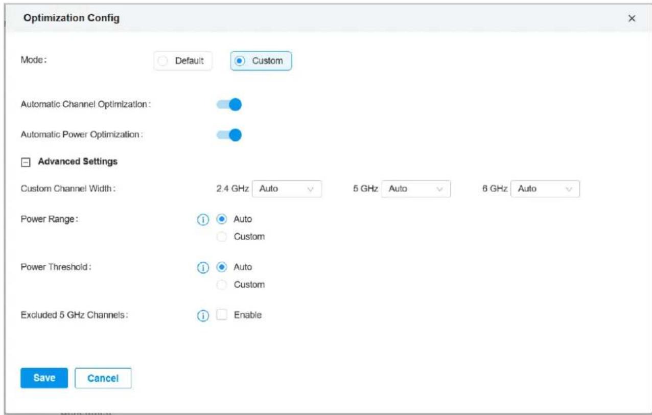 Optimization Config Mode: Default Custom Automatic Channel Optimization: Automatic Power Optimization: Advanced Settings Custom Channel Width: 2.4 GHz Auto 5 GHz Auto 6 GHz Auto Power Range: Auto Custom Power Threshold: Auto Custom Excluded 5 GHz Channels: Enable Save Cancel