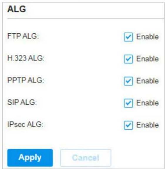 ALG FTP ALG: ✓ Enable H.323 ALG: ✓ Enable PPTP ALG: ✓ Enable SIP ALG: ✓ Enable IPsec ALG: ✓ Enable Apply Cancel