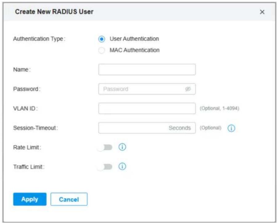 Create New RADIUS User Authentication Type: User Authentication MAC Authentication Name: Password: Password VLAN ID: (Optional, 1-4094) Session-Timeout: Seconds (Optional) Rate Limit: Traffic Limit: Apply Cancel
