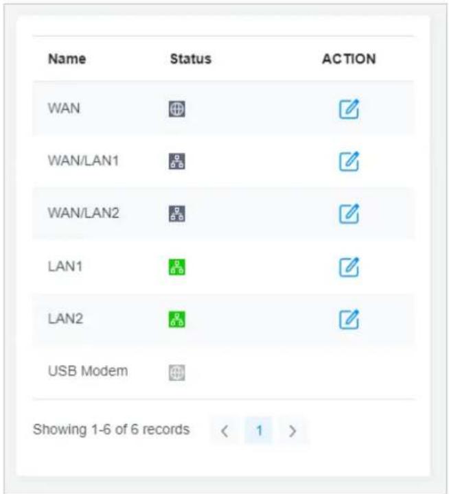 Name Status ACTION WAN WAN/LAN1 WAN/LAN2 LAN1 LAN2 USB Modem Showing 1-6 of 6 records < 1 >