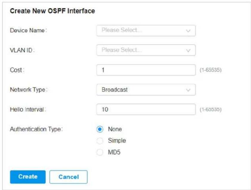 Create New OSPF Interface Device Name: Please Select... VLAN ID: Please Select... Cost: 1 (1-65535) Network Type: Broadcast Hello Interval: 10 (1-65535) Authentication Type: None Simple MD5 Create Cancel