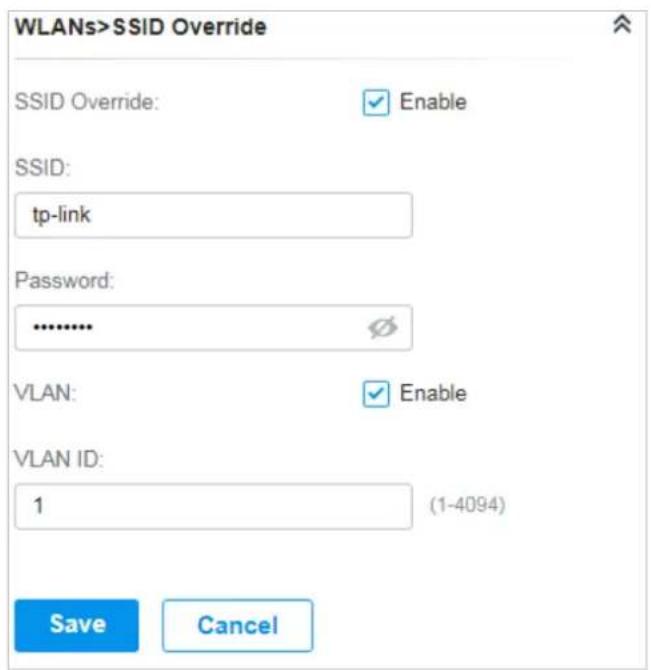 WLANs>SSID Override SSID Override: ✓ Enable SSID: tp-link Password: ............ Ø VLAN: ✓ Enable VLAN ID: 1 (1-4094) Save Cancel
