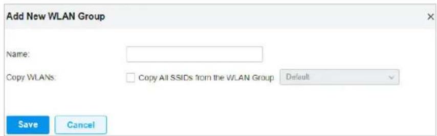 Add New WLAN Group Name: Copy WLANs: Copy All SSIDs from the WLAN Group Default Save Cancel