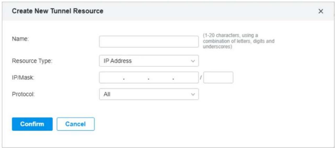 Create New Tunnel Resource Name: (1-20 characters, using a combination of letters, digits and underscores) Resource Type: IP Address IP/Mask: . . . / Protocol: All Confirm Cancel