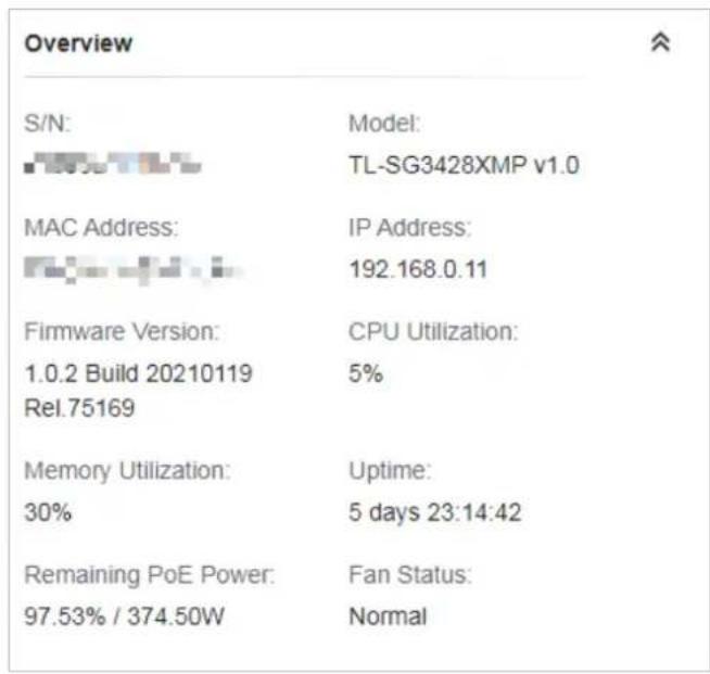 Overview S/N: Model: TL-SG3428XMP v1.0 MAC Address: IP Address: 192.168.0.11 Firmware Version: CPU Utilization: 1.0.2 Build 20210119 5% Rel.75169 Memory Utilization: Uptime: 30% 5 days 23:14:42 Remaining PoE Power: Fan Status: 97.53% / 374.50W Normal