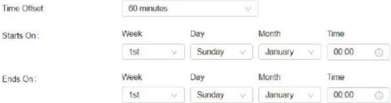 Time Offset: 60 minutes Starts On: Week Day Month Time 1st Sunday January 00:00 Ends On: Week Day Month Time 1st Sunday January 00:00