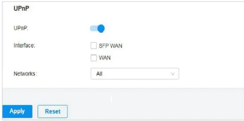 UPnP UPnP: Interface: SFP WAN WAN Networks: All Apply Reset