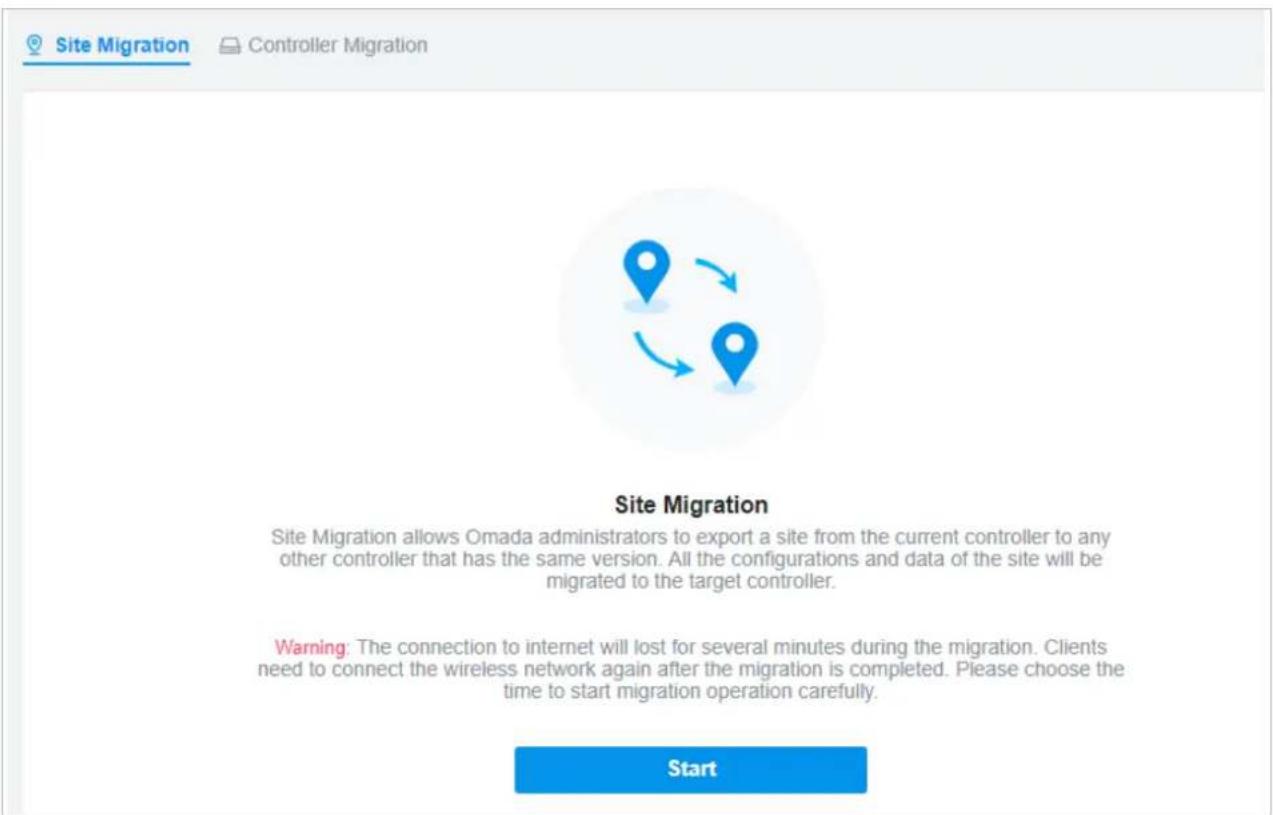 Site Migration Controller Migration Site Migration Site Migration allows Omada administrators to export a site from the current controller to any other controller that has the same version. All the configurations and data of the site will be migrated to the target controller. Warning: The connection to internet will lost for several minutes during the migration. Clients need to connect the wireless network again after the migration is completed. Please choose the time to start migration operation carefully. Start