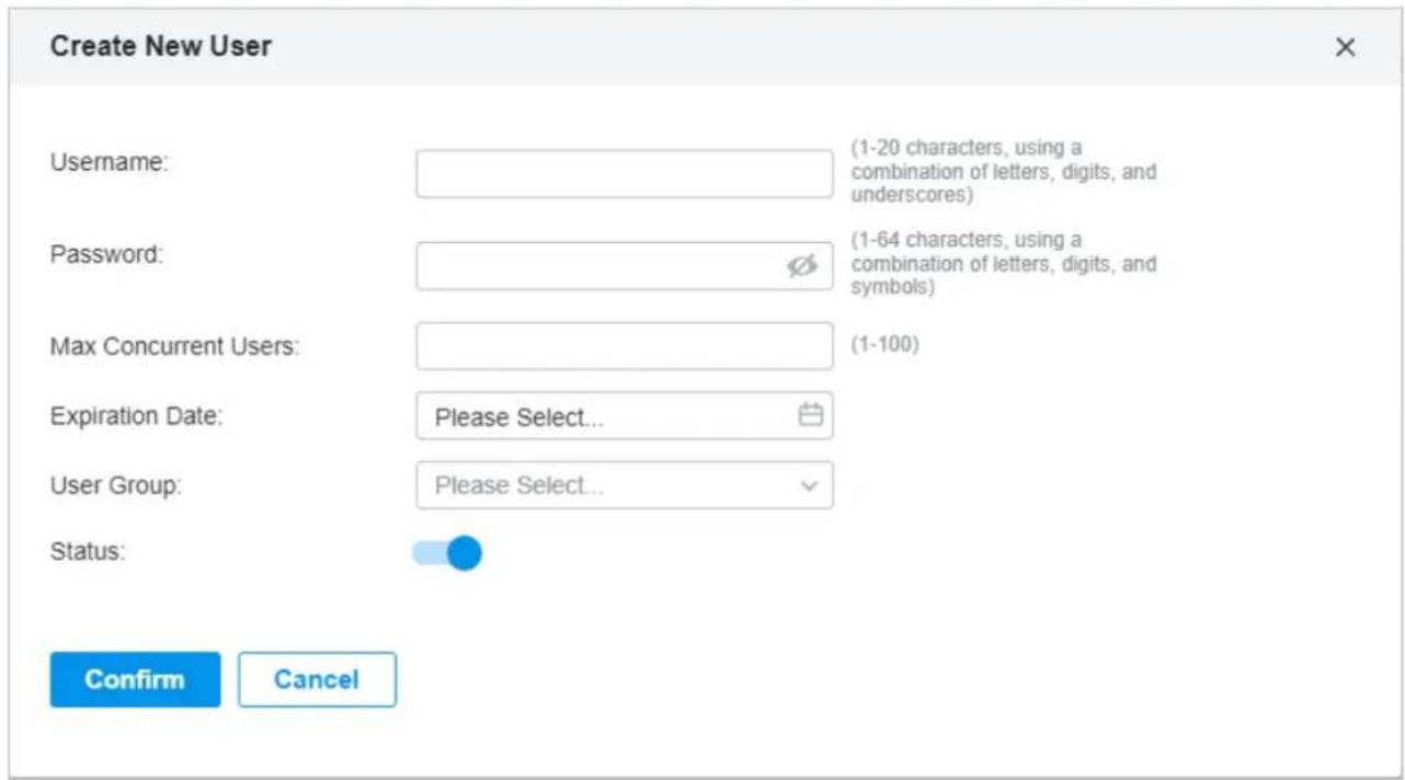 Create New User Username: (1-20 characters, using a combination of letters, digits, and underscores) Password: (1-64 characters, using a combination of letters, digits, and symbols) Max Concurrent Users: (1-100) Expiration Date: Please Select... User Group: Please Select... Status: Confirm Cancel
