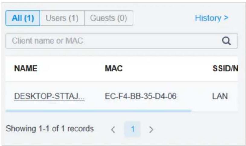 All (1) Users (1) Guests (0) History > Client name or MAC NAME MAC SSID/N DESKTOP-STTAJ... EC-F4-BB-35-D4-06 LAN Showing 1-1 of 1 records < 1 >
