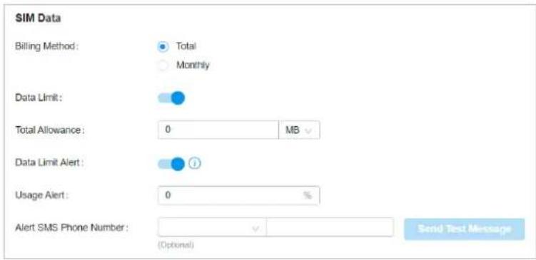 SIM Data Billing Method: Total Monthly Data Limit: Total Allowance: 0 MB Data Limit Alert: Usage Alert: 0 % Alert SMS Phone Number: (Optional) Send Test Message