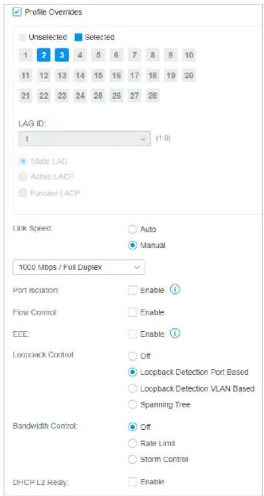 Profile Overides Unselected Selected 1 2 3 4 5 6 7 8 9 10 11 12 13 14 15 16 17 18 19 20 21 22 23 24 25 26 27 28 LAG ID: 1 (1-0) ● Static LAG ○ Active LACP ○ Passive LACP Link Speed: ○ Auto ● Manual 1000 Mbps / Full Duplex Port Isolation: ○ Enable ⓘ Flow Control: ○ Enable EEE: ○ Enable ⓘ Loopback Control: ○ Off ○ Loopback Detection Port Based ○ Loopback Detection VLAN Based ○ Spanning Tree Bandwidth Control: ○ Off ○ Rate Limit ○ Storm Control DHCP L2 Relay: ○ Enable