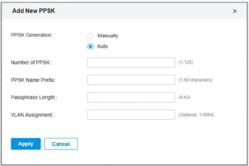 Add New PPSK PPSK Generation: Manually Auto Number of PPSK: (1-128) PPSK Name Prefix: (1-60 characters) Passphrase Length: (8-63) VLAN Assignment: (Optional, 1-4094) Apply Cancel