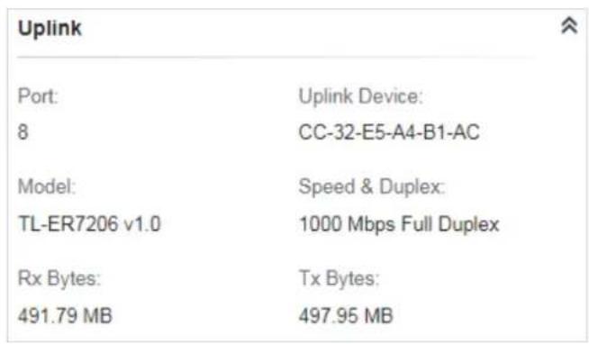 Uplink Port: Uplink Device: 8 CC-32-E5-A4-B1-AC Model: Speed & Duplex: TL-ER7206 v1.0 1000 Mbps Full Duplex Rx Bytes: Tx Bytes: 491.79 MB 497.95 MB