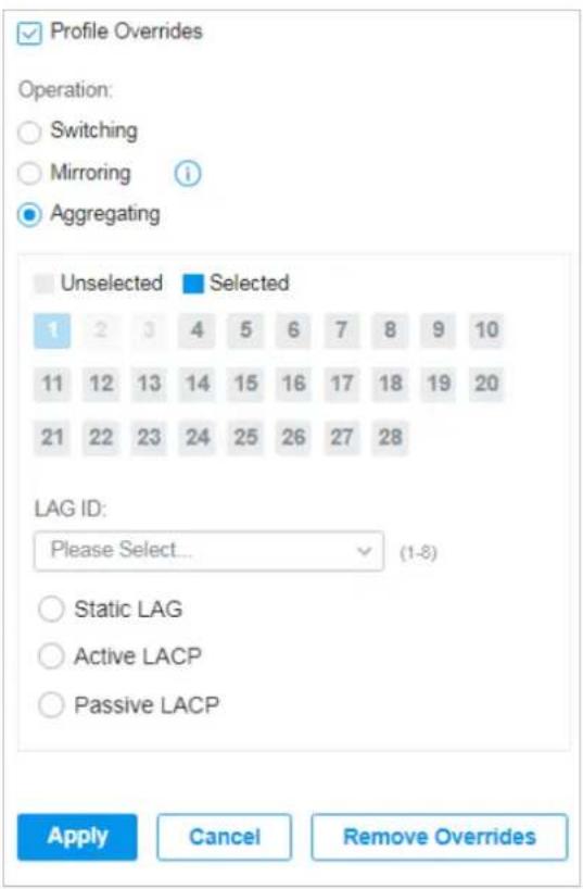 Profile Overrides Operation: Switching Mirroring Aggregating Unselected Selected 1 2 3 4 5 6 7 8 9 10 11 12 13 14 15 16 17 18 19 20 21 22 23 24 25 26 27 28 LAG ID: Please Select... (1-8) Static LAG Active LACP Passive LACP Apply Cancel Remove Overrides