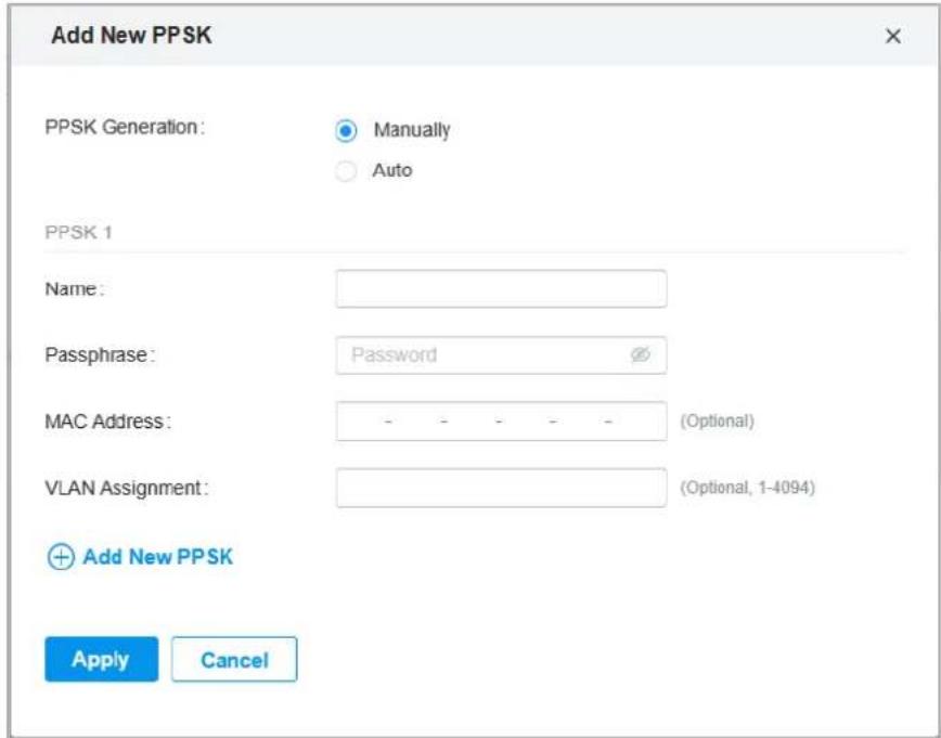 Add New PPSK PPSK Generation: Manually Auto PPSK 1 Name: Passphrase: Password MAC Address: - - - - - (Optional) VLAN Assignment: (Optional, 1-4094) Add New PPSK Apply Cancel