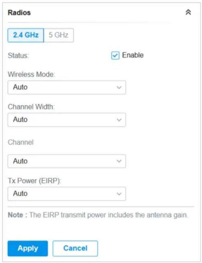 Radios 2.4 GHz 5 GHz Status: Enable Wireless Mode: Auto Channel Width: Auto Channel Auto Tx Power (EIRP): Auto Note : The EIRP transmit power includes the antenna gain. Apply Cancel