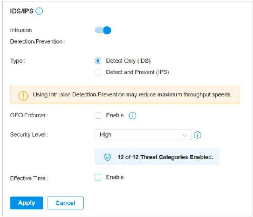IDS/IPS Intrusion Detection/Prevention: Type: Detect Only (IDS) Detect and Prevent (IPS) Using Intrusion Detection/Prevention may reduce maximum throughput speeds. GEO Enforcer: Enable Security Level: High 12 of 12 Threat Categories Enabled. Effective Time: Enable Apply Cancel