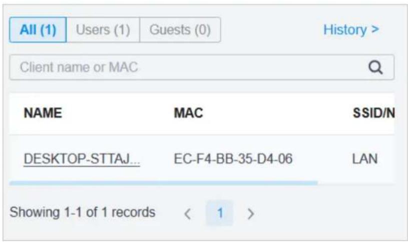 All (1) Users (1) Guests (0) History > Client name or MAC NAME MAC SSID/N DESKTOP-STTAJ... EC-F4-BB-35-D4-06 LAN Showing 1-1 of 1 records < 1 >