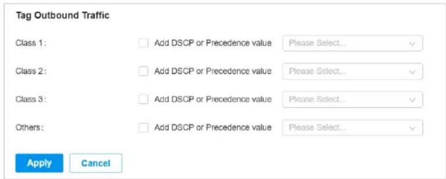 Tag Outbound Traffic Class 1: Add DSCP or Precedence value Please Select... Class 2: Add DSCP or Precedence value Please Select... Class 3: Add DSCP or Precedence value Please Select... Others: Add DSCP or Precedence value Please Select... Apply Cancel