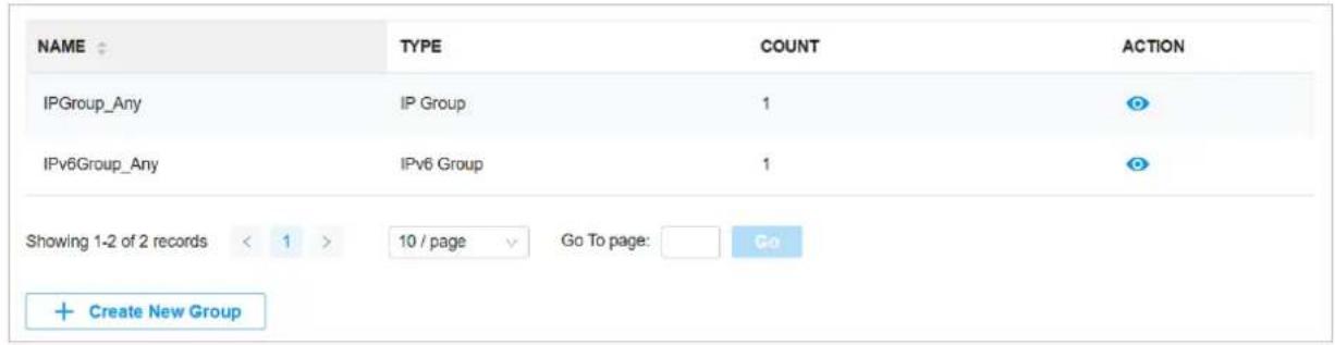 NAME IPGroup_Any IP Group 1 IPv6Group_Any IPv6 Group 1 Showing 1-2 of 2 records < 1 > 10 / page Go To page: Go + Create New Group