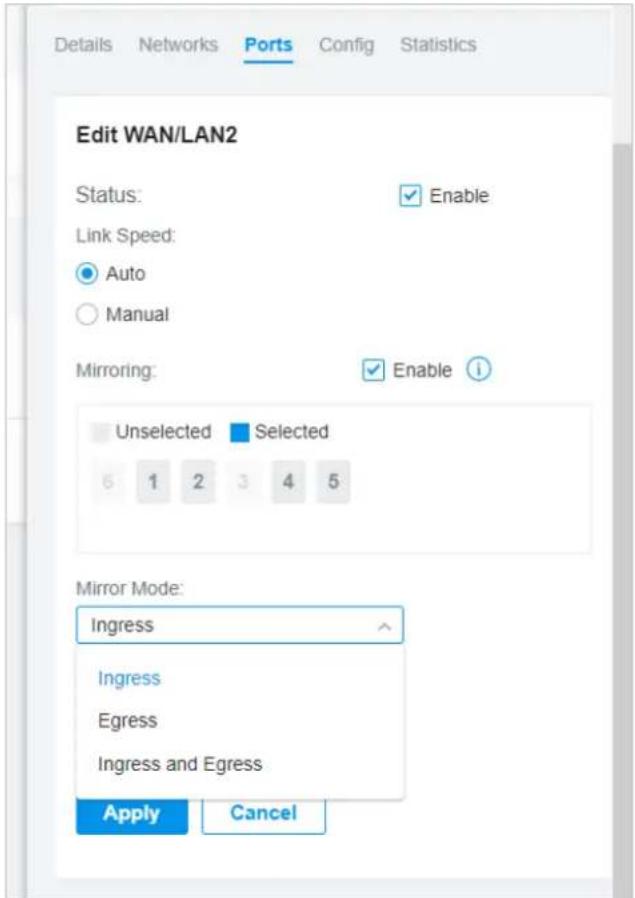 Details Networks Ports Config Statistics Edit WAN/LAN2 Status: Enable Link Speed: Auto Manual Mirroring: Enable Unselected Selected Mirror Mode: Ingress Ingress Egress Ingress and Egress Apply Cancel