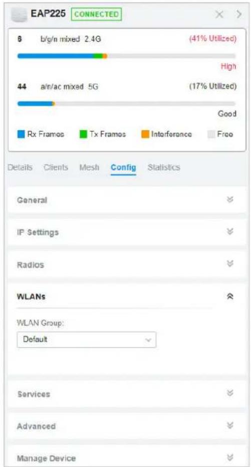 EAP225 CONNECTED 6 b/g/n mixed 2.4G (41% Utilized) High 44 a/n/ac mixed 5G (17% Utilized) Good Rx Frames Tx Frames Interference Free Details Clients Mesh Config Statistics General IP Settings Radios WLANs WLAN Group: Default Services Advanced Manage Device