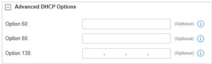 Advanced DHCP Options Option 60: (Optional) i Option 66: (Optional) i Option 138: . . . (Optional) i