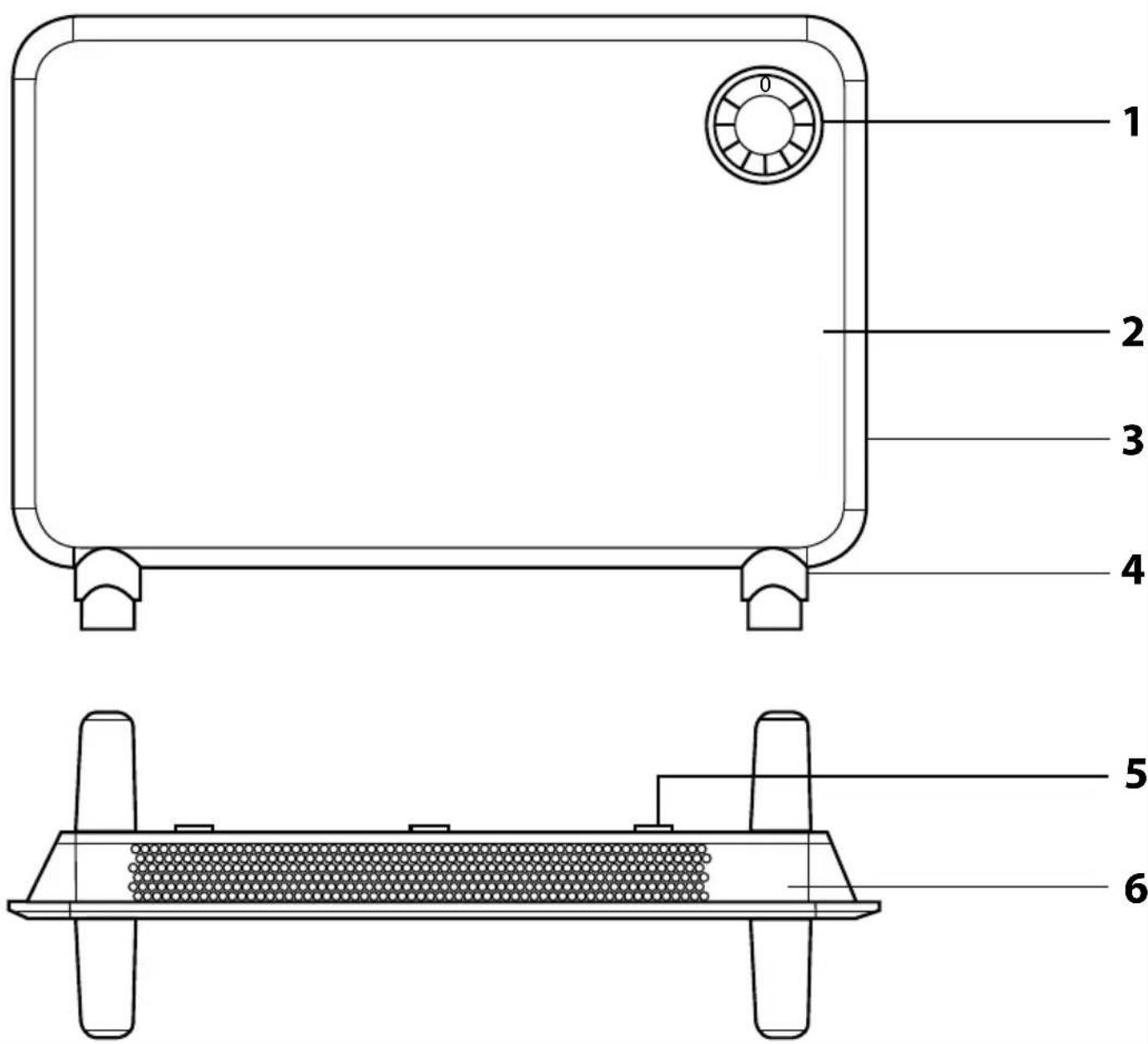 Technical diagram of a device with labeled components including a top view and a side-view cross-section showing internal structure.