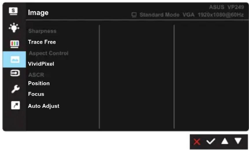 Image ASUS VP249 Standard Mode VGA 1920x1080@60Hz Sharpness Trace Free Aspect Control VividPixel ASCR Position Focus Auto Adjust