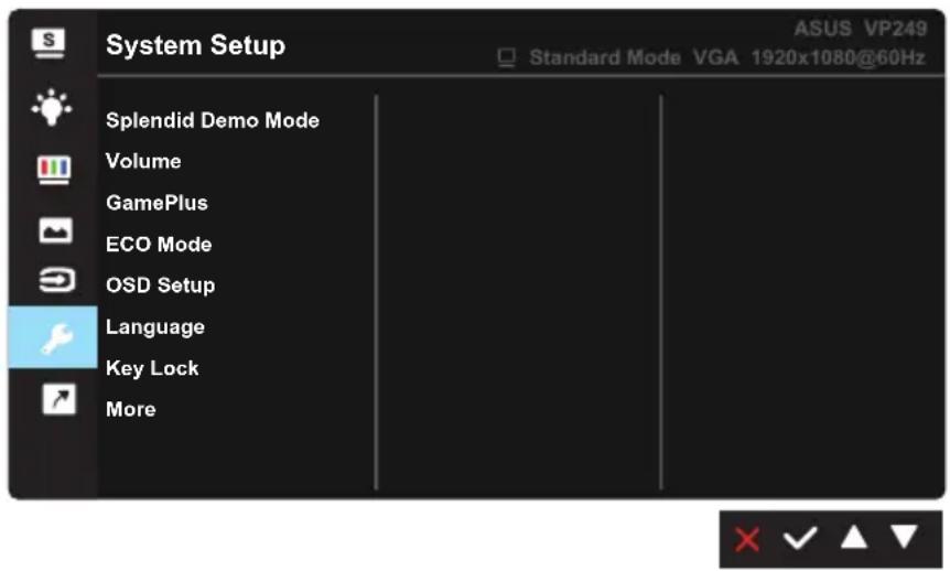 System Setup ASUS VP249 Standard Mode VGA 1920x1080@60Hz Splendid Demo Mode Volume GamePlus ECO Mode OSD Setup Language Key Lock More