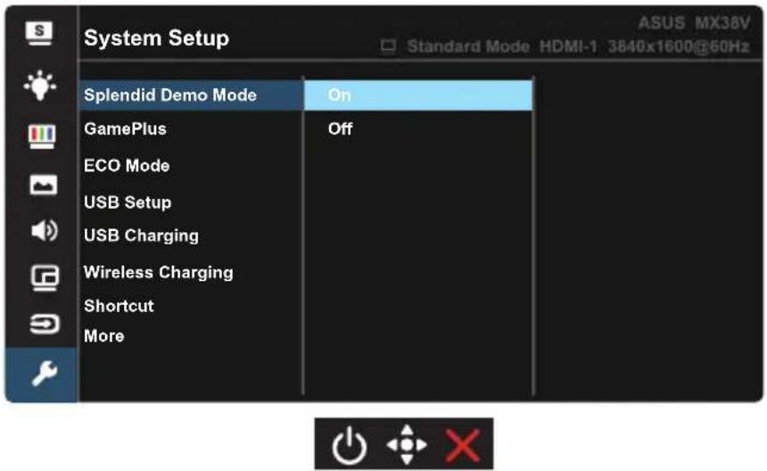 System Setup ASUS MX38V Standard Mode HDMI-1 3840x1600@60Hz Splendid Demo Mode On GamePlus Off ECO Mode USB Setup USB Charging Wireless Charging Shortcut More