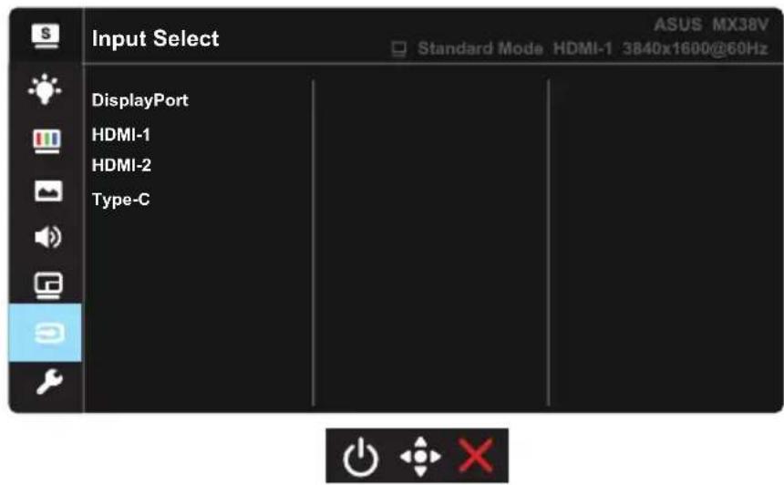 Input Select ASUS MX38V Standard Mode HDMI-1 3840x1600@60Hz DisplayPort HDMI-1 HDMI-2 Type-C