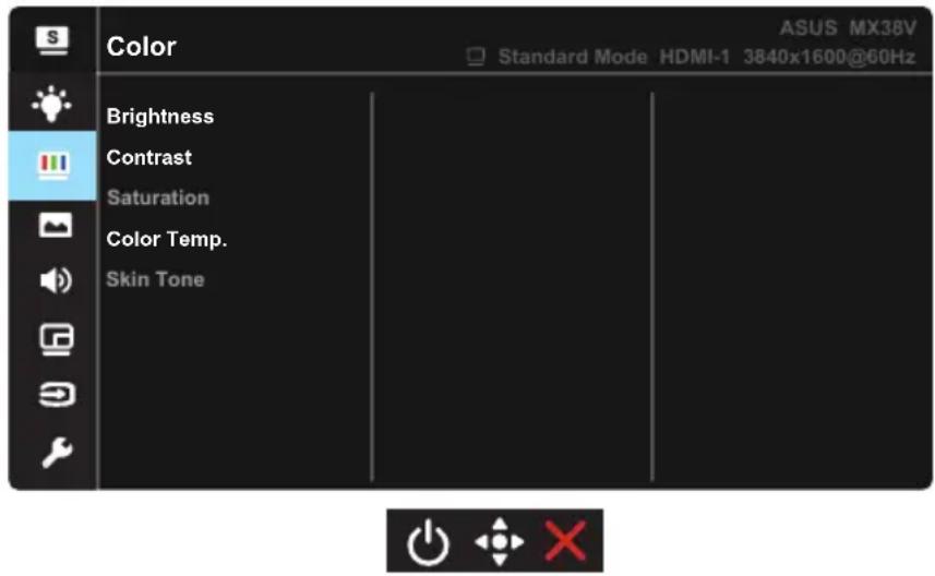 Color Brightness Contrast Saturation Color Temp. Skin Tone ASUS MX38V Standard Mode HDMI-1 3840x1600@60Hz