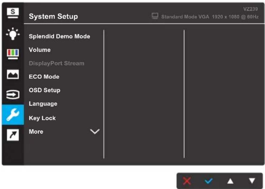 System Setup Splendid Demo Mode Volume DisplayPort Stream ECO Mode OSD Setup Language Key Lock More